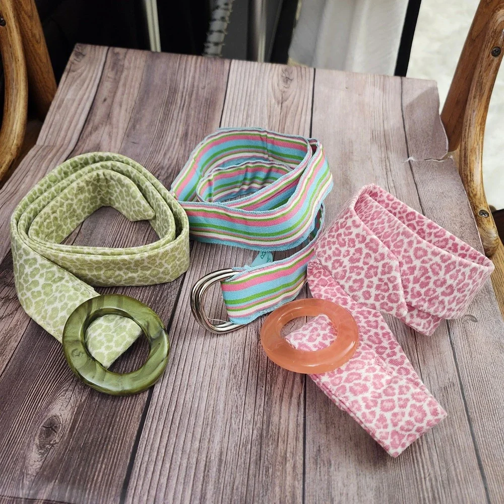 Eliza B. Fabric Belt Bundle 3pc Small Pink Green Animal Print Striped Ribbon